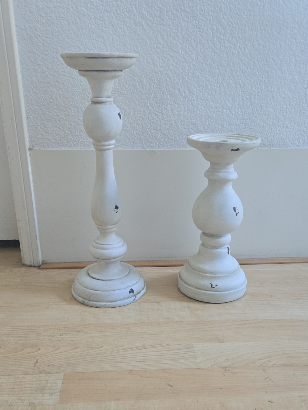 Distressed White Wood Pillar Candle Holders - Set of 2
